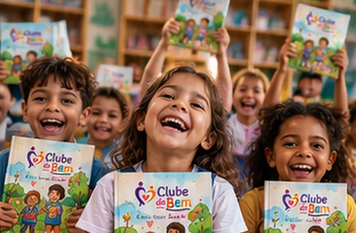 Crianças sorrindo e erguendo livros do Clube do Bem em uma biblioteca escolar