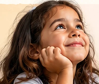 Menina sorrindo, com a mão no queixo, olhando para cima